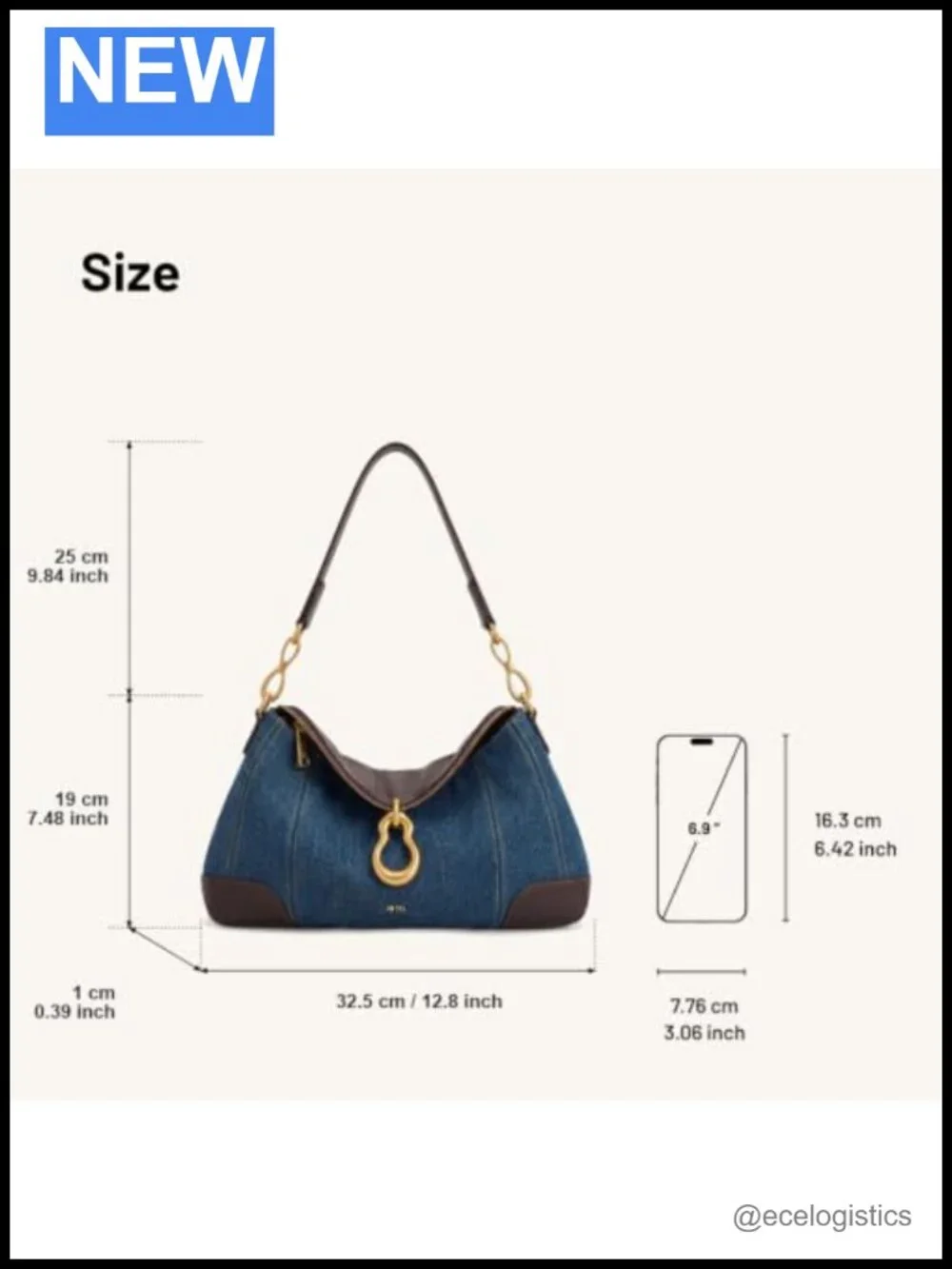Washed Denim Hobo Shoulder Bag with Gold Hardware, Pendant Embellished, Handbag